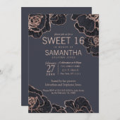 Roos Gold Navy Blue Flowers Sweet 16 Invitations Kaart (Voorkant / Achterkant)