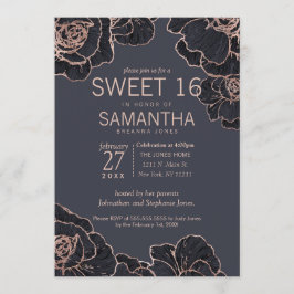 Roos Gold Navy Blue Flowers Sweet 16 Invitations Kaart
