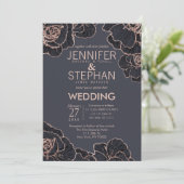 Roos Gold Navy Blue Flowers Wedding Invitations Kaart (Staand voorkant)