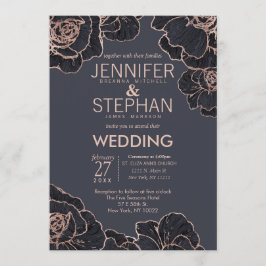 Roos Gold Navy Blue Flowers Wedding Invitations Kaart