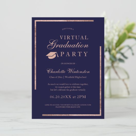 Roos Gold Navy Blue Foto's Virtual Afstuderen Kaart (Staand voorkant)