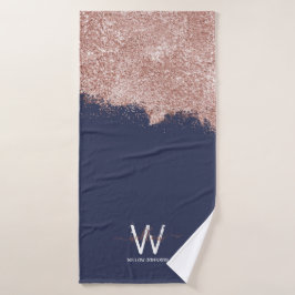 Roos Gold Navy Blue Girly Glitter Dust Monogram Bad Handdoek