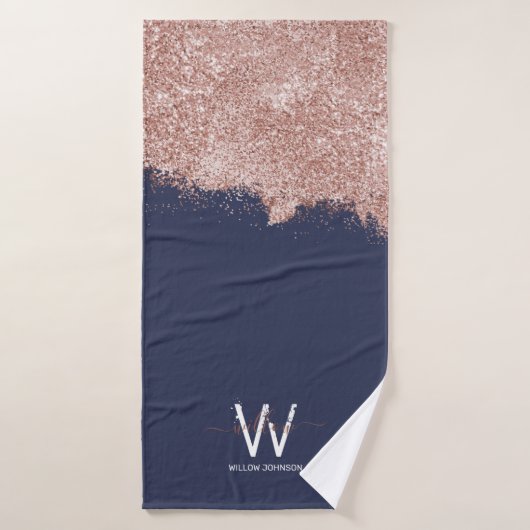 Roos Gold Navy Blue Girly Glitter Dust Monogram Bad Handdoek (Badhanddoek)