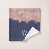 Roos Gold Navy Blue Girly Glitter Dust Monogram Bad Handdoek (Wasdoekje)