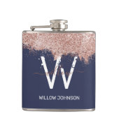 Roos Gold Navy Blue Girly Glitter Dust Monogram Heupfles (Voorkant)