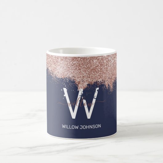 Roos Gold Navy Blue Girly Glitter Dust Monogram Koffiemok (Center)