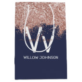 Roos Gold Navy Blue Girly Glitter Dust Monogram Medium Cadeauzakje (Voorkant)