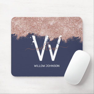 Roos Gold Navy Blue Girly Glitter Dust Monogram Muismat