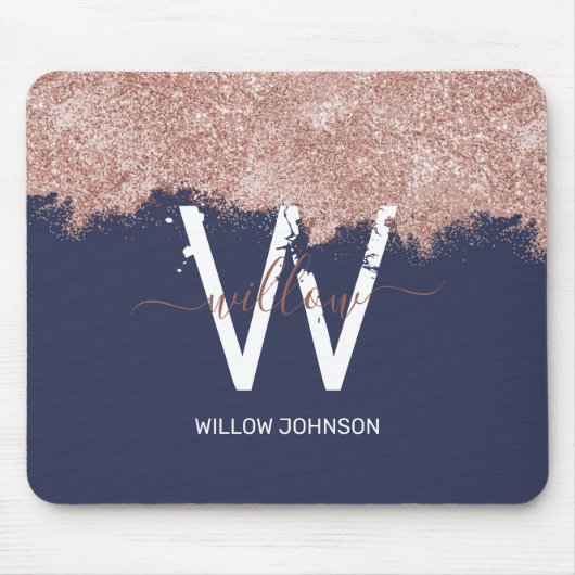 Roos Gold Navy Blue Girly Glitter Dust Monogram Muismat (Voorkant)