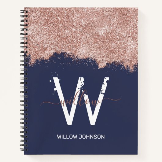 Roos Gold Navy Blue Girly Glitter Dust Monogram Notitieboek (Voorkant)