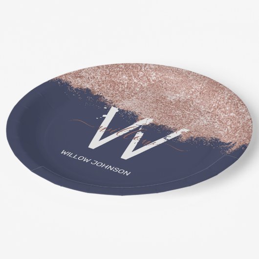 Roos Gold Navy Blue Girly Glitter Dust Monogram Papieren Bordje (Gekanteld)