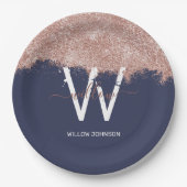 Roos Gold Navy Blue Girly Glitter Dust Monogram Papieren Bordje (Voorkant)