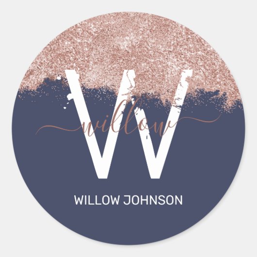 Roos Gold Navy Blue Girly Glitter Dust Monogram Ronde Sticker (Voorkant)
