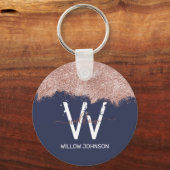 Roos Gold Navy Blue Girly Glitter Dust Monogram Sleutelhanger (Voorkant)