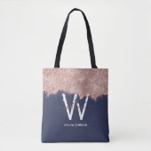 Roos Gold Navy Blue Girly Glitter Dust Monogram Tote Bag (Voorkant)