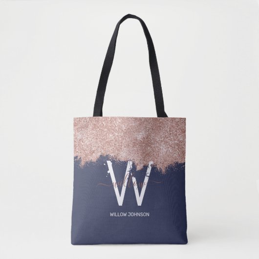 Roos Gold Navy Blue Girly Glitter Dust Monogram Tote Bag (Voorkant)