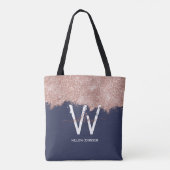 Roos Gold Navy Blue Girly Glitter Dust Monogram Tote Bag (Achterkant)