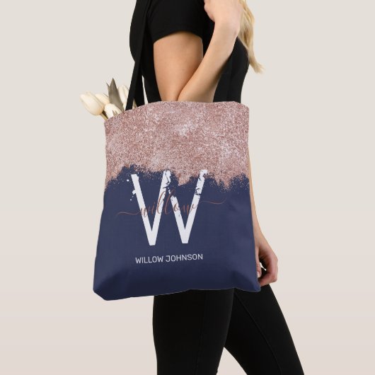Roos Gold Navy Blue Girly Glitter Dust Monogram Tote Bag (Dichtbij)