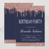 Roos Gold Navy Blue Glitter Alle leeftijden Verjaa Kaart (Voorkant / Achterkant)