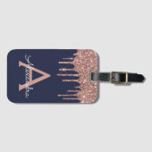 Roos Gold Navy Blue Glitter Sparkle Monogram Bagagelabel (Voorkant (horizontaal))