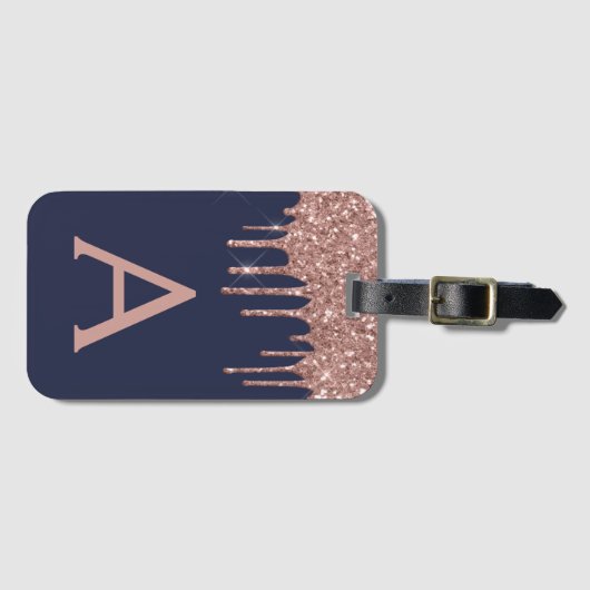 Roos Gold Navy Blue Glitter Sparkle Monogram Bagagelabel (Voorkant (horizontaal))