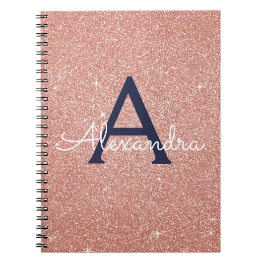 Roos Gold Navy Blue Glitter Sparkle Monogram Notitieboek (Voorkant)