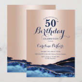 Roos Gold Navy Blue Marble 50ste verjaardag Kaart (Voorkant / Achterkant)