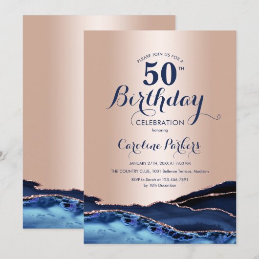 Roos Gold Navy Blue Marble 50ste verjaardag Kaart (Voorkant / Achterkant)