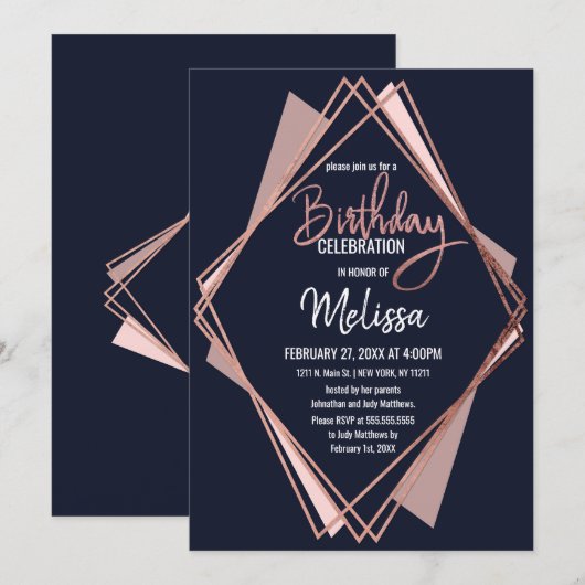 Roos Gold Navy Blue Mauve Geometric Birthday Kaart (Voorkant / Achterkant)