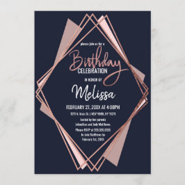 Roos Gold Navy Blue Mauve Geometric Birthday Kaart
