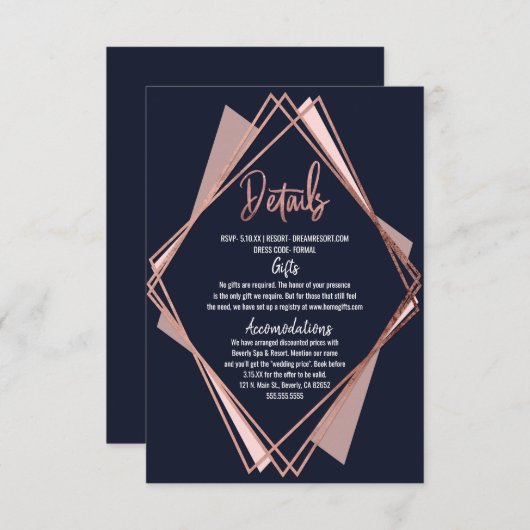Roos Gold Navy Blue Mauve Geometric Details Informatiekaartje (Voorkant / Achterkant)
