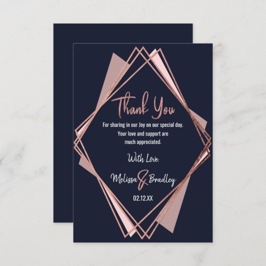 Roos Gold Navy Blue Mauve Geometric Hartelijk dank Bedankkaart (Voorkant / Achterkant)