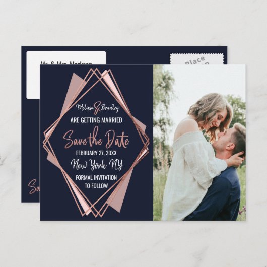 Roos Gold Navy Blue Mauve Geometric Save the Date Aankondigingskaart (Voorkant / Achterkant)