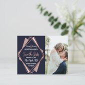 Roos Gold Navy Blue Mauve Geometric Save the Date Aankondigingskaart (Staand voorkant)