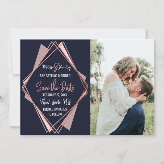 Roos Gold Navy Blue Mauve Geometric Save the Date Kaart (Voorkant)