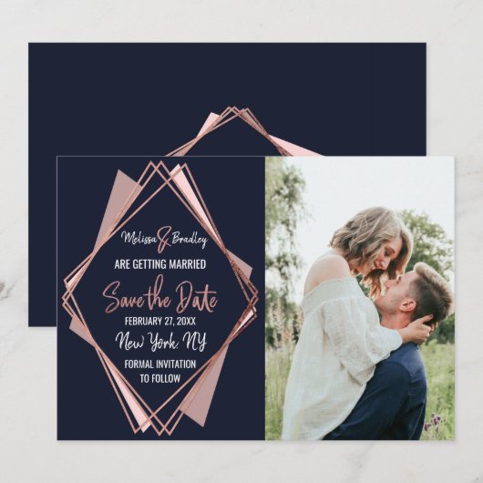 Roos Gold Navy Blue Mauve Geometric Save the Date Kaart (Voorkant / Achterkant)