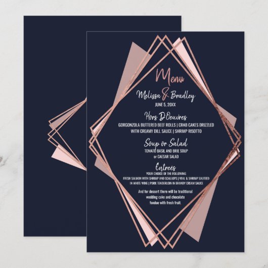 Roos Gold Navy Blue Mauve Geometric Wedding Menu (Voorkant / Achterkant)