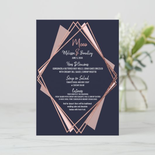 Roos Gold Navy Blue Mauve Geometric Wedding Menu (Staand voorkant)