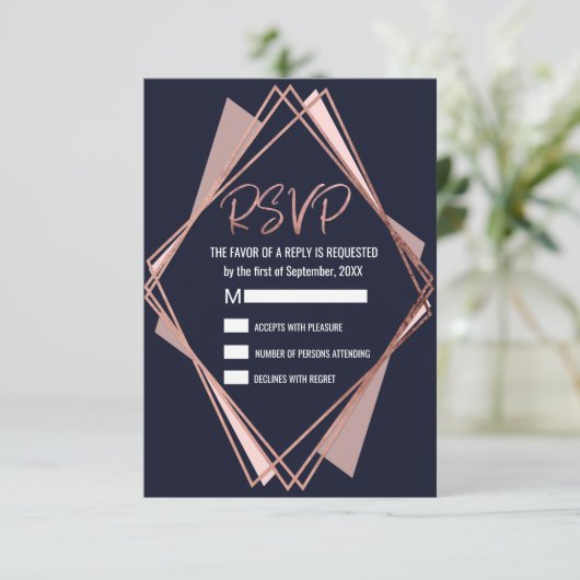 Roos Gold Navy Blue Mauve Geometrische RSVP (Staand voorkant)