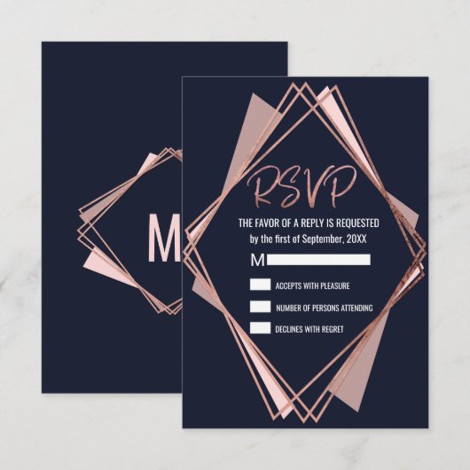 Roos Gold Navy Blue Mauve Geometrische RSVP (Voorkant / Achterkant)