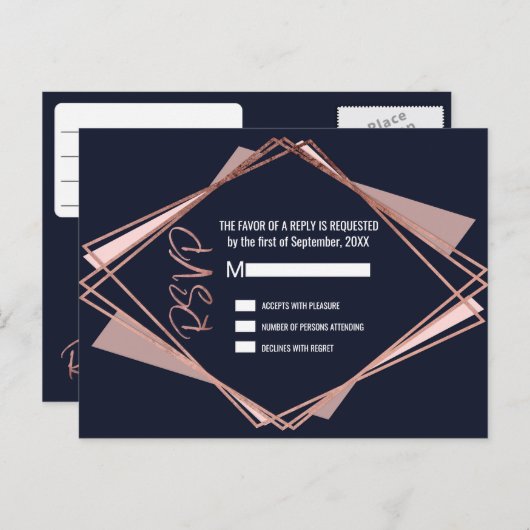Roos Gold Navy Blue Mauve Geometrische RSVP's Uitnodiging Briefkaart (Voorkant / Achterkant)