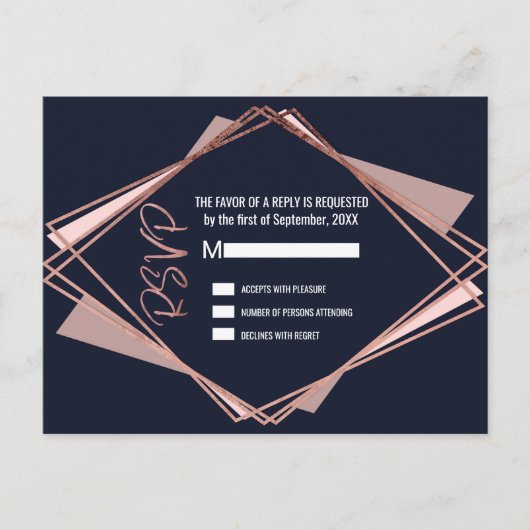 Roos Gold Navy Blue Mauve Geometrische RSVP's Uitnodiging Briefkaart (Voorkant)