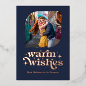 Roos Gold & Navy Blue Moderne Retro Kerstfoto Folie Feestdagenkaart (Voorkant)