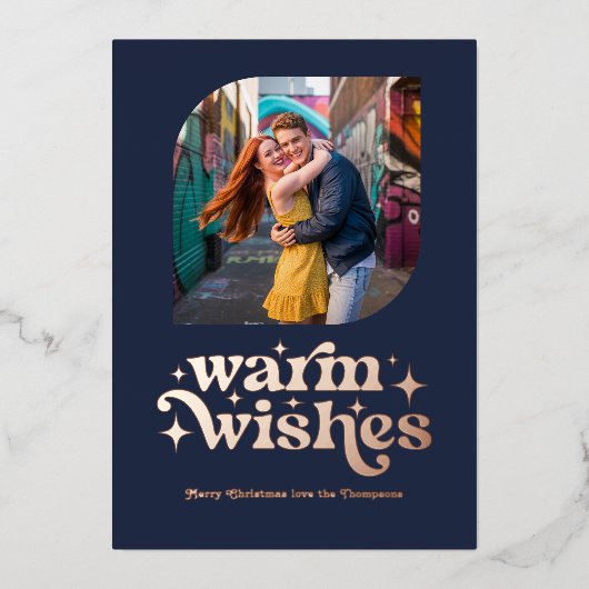 Roos Gold & Navy Blue Moderne Retro Kerstfoto Folie Feestdagenkaart (Voorkant)