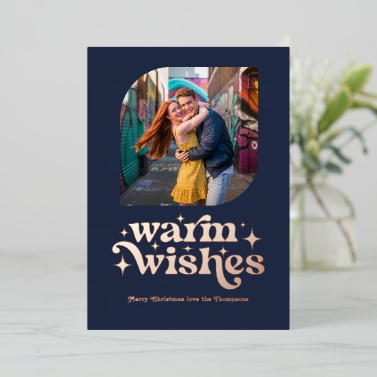 Roos Gold & Navy Blue Moderne Retro Kerstfoto Folie Feestdagenkaart (Staand Voorkant)