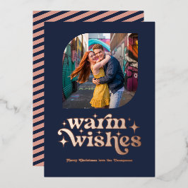 Roos Gold & Navy Blue Moderne Retro Kerstfoto Folie Feestdagenkaart