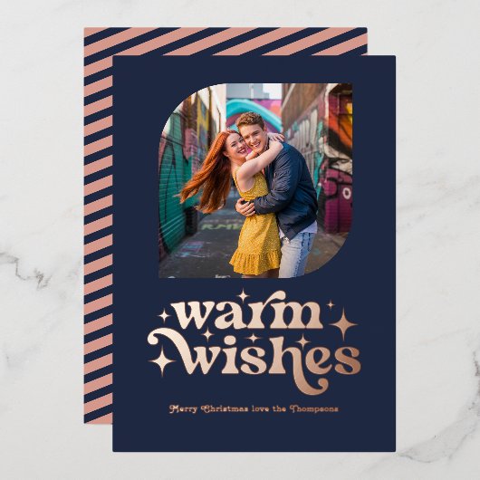 Roos Gold & Navy Blue Moderne Retro Kerstfoto Folie Feestdagenkaart (Voorkant / Achterkant)