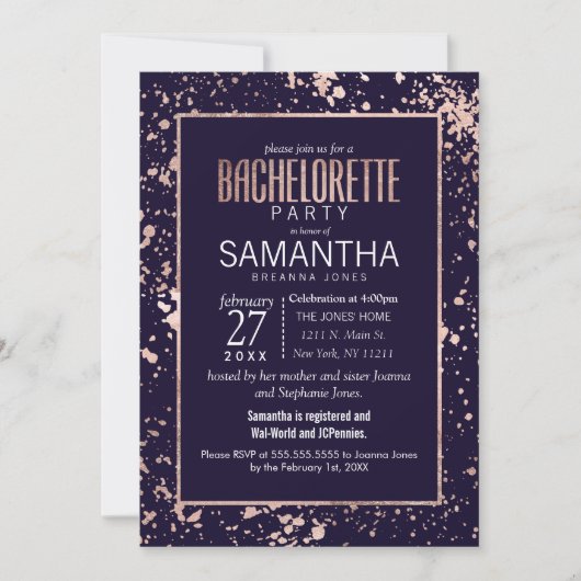 Roos Gold Navy Blue Paint Spletters Bachelorette Kaart (Voorkant)