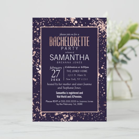 Roos Gold Navy Blue Paint Spletters Bachelorette Kaart (Staand voorkant)
