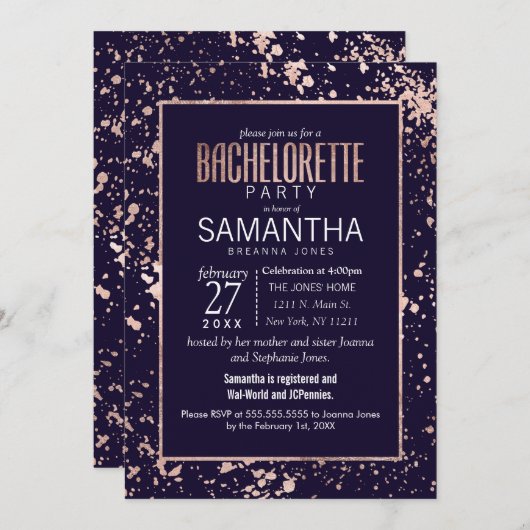 Roos Gold Navy Blue Paint Spletters Bachelorette Kaart (Voorkant / Achterkant)